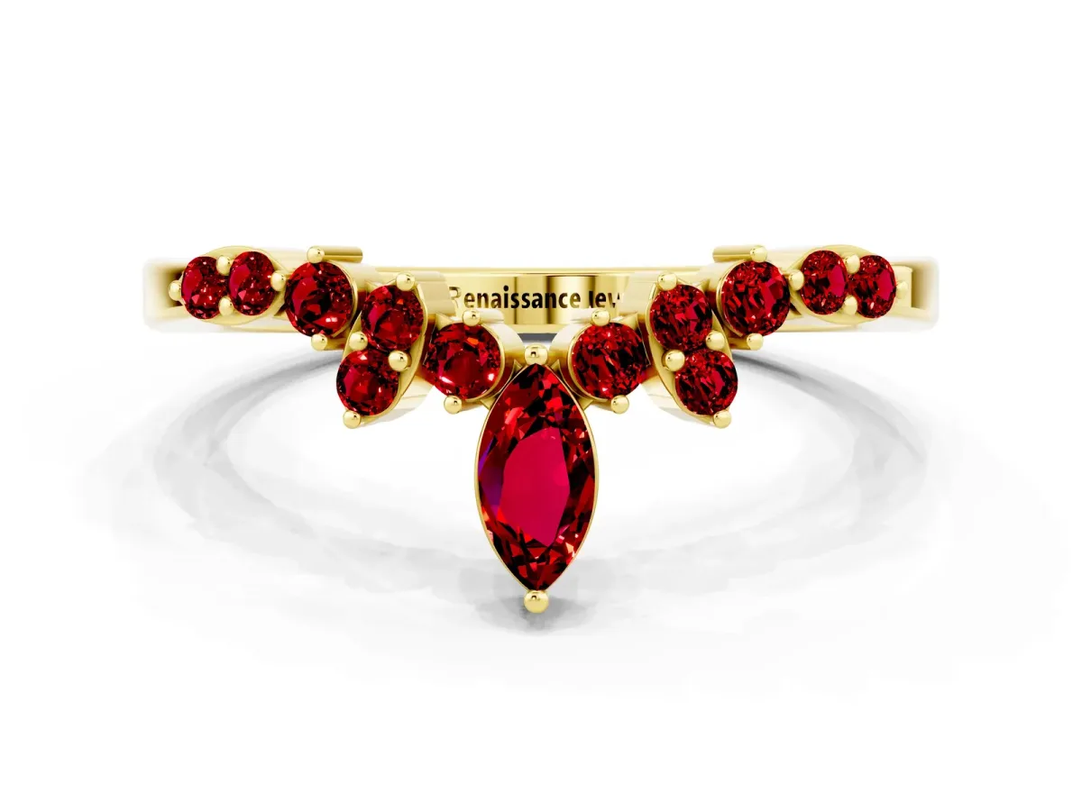Marquise and Round Ruby Chevron Band with Prong Setting Yellow gold