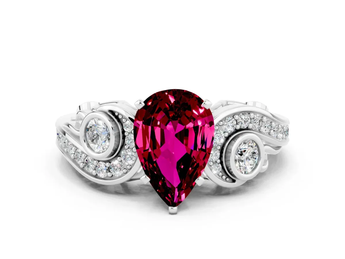 Pear Cut Garnet Solitaire Ring with Milgrain Pavé Band and Four-Prong Setting Silver