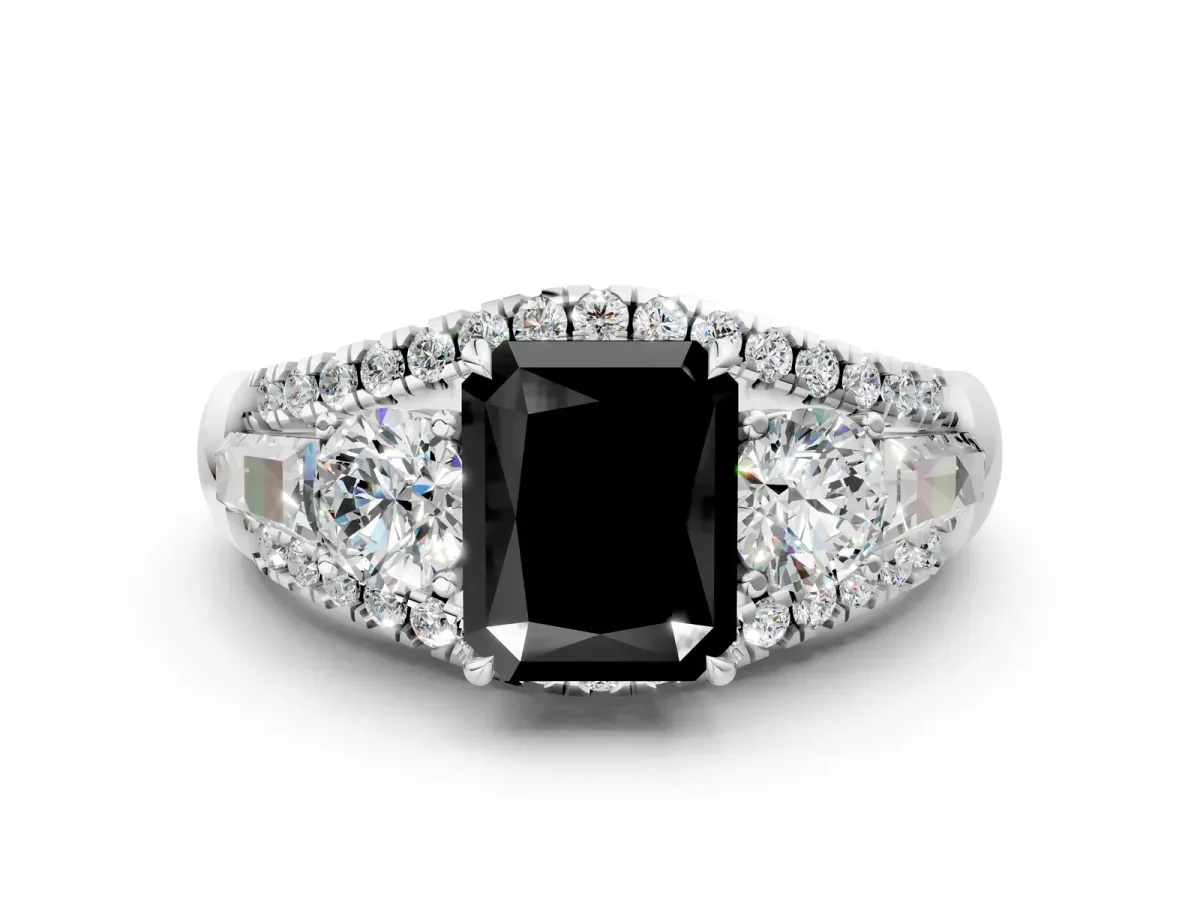 Fancy Black Three-Stone Radiant Cut Diamond Engagement Ring with Pave Band and Prong Setting Platinum