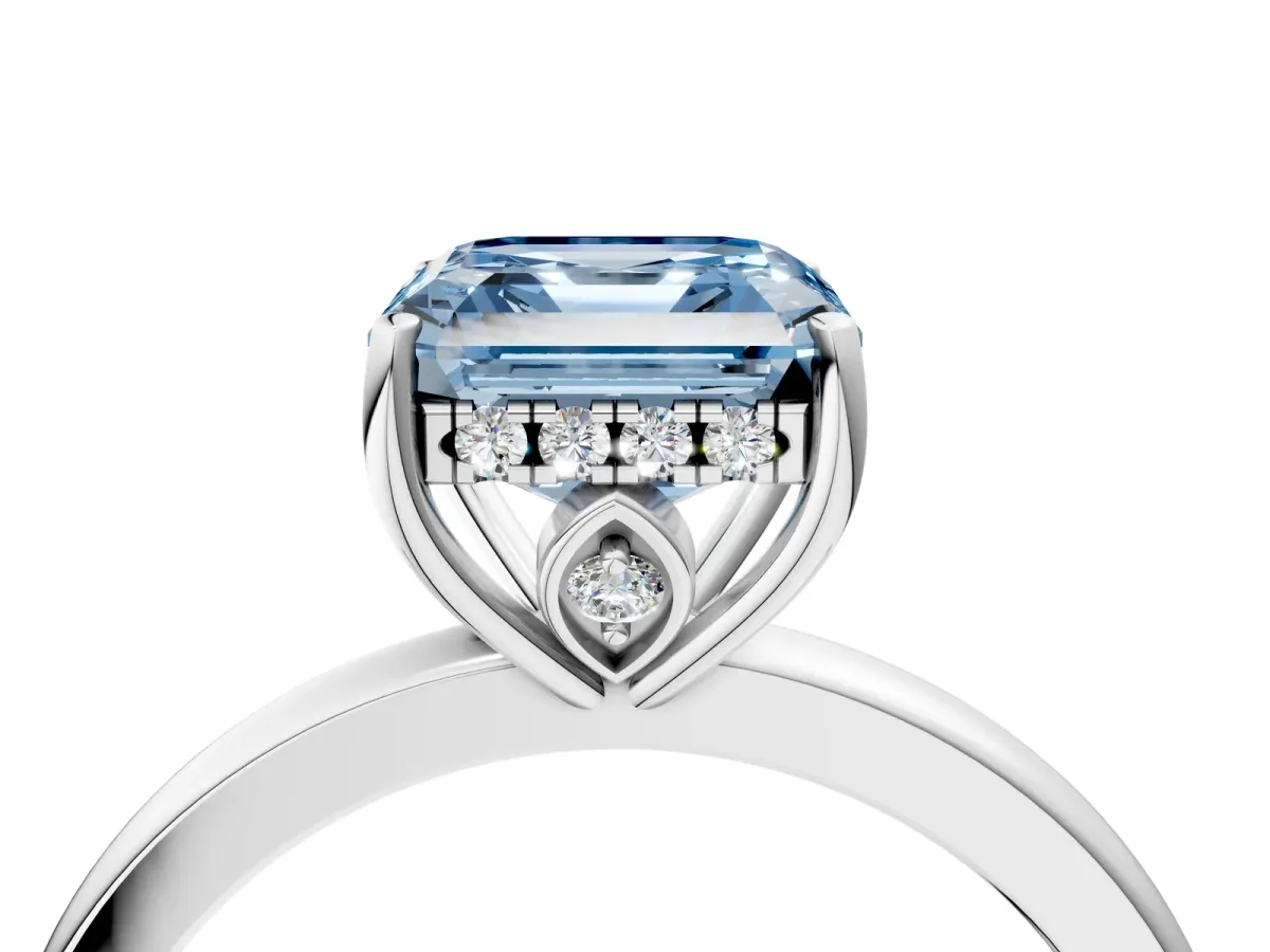 Fancy Blue Asscher Cut Solitaire Diamond Ring with Prong Setting and Plain Band Silver