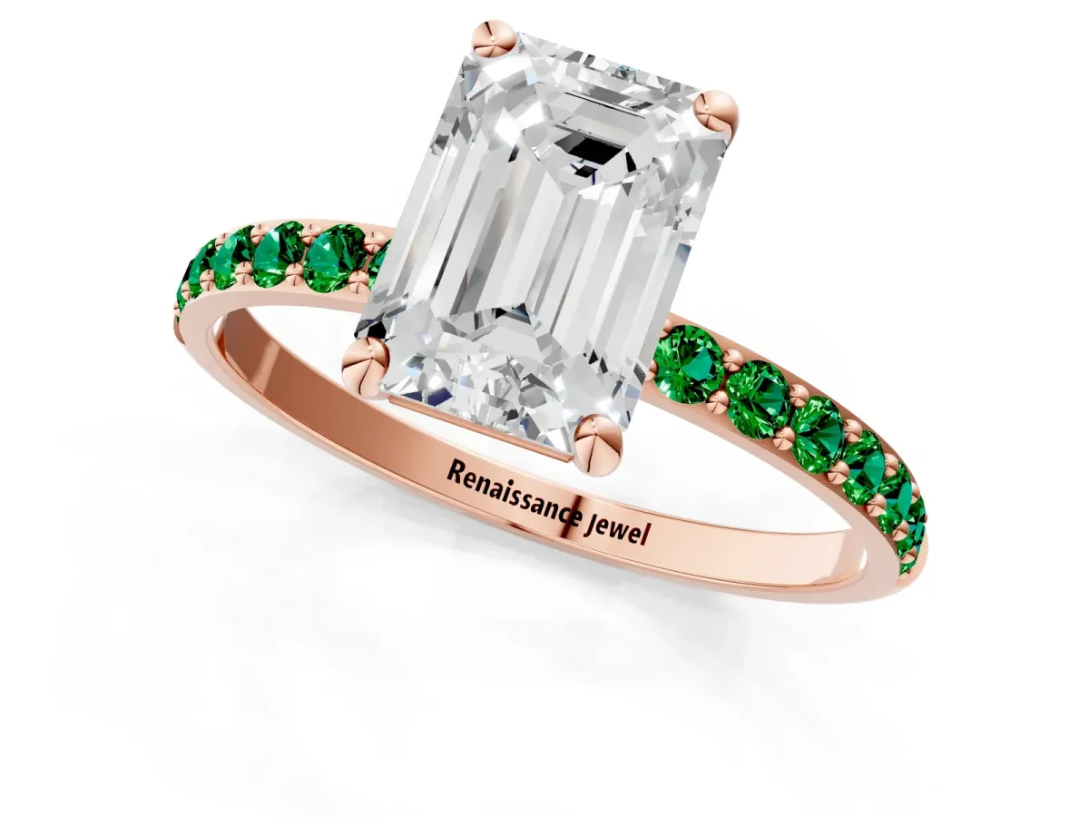 Emerald Cut Diamond Solitaire Ring with Round Emerald Pavé Band and Prong Setting Rose gold
