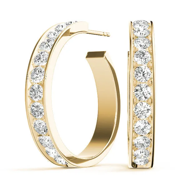 Channel Set Round Diamond Hoop Earrings Yellow gold