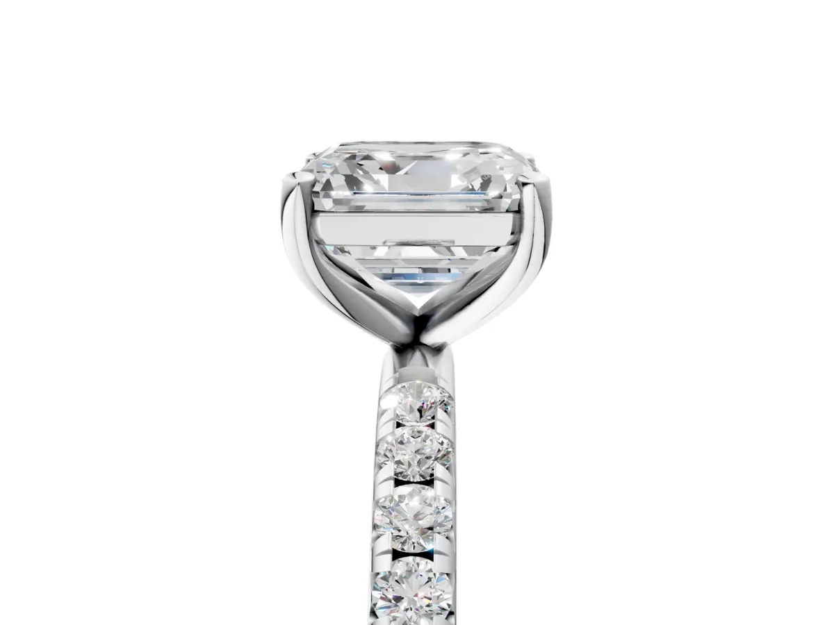 Asscher Cut Cut Diamond Solitaire Ring with Micro Pave Band and Four Prong Setting Platinum