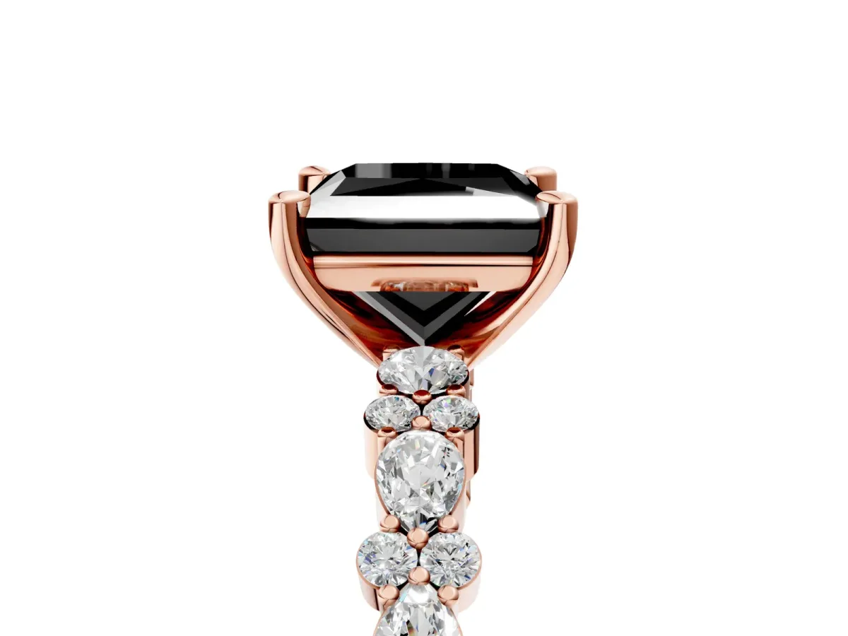 Fancy Black Princess Cut Diamond Side Stone Solitaire Ring with Round and Four-Prong Setting Rose gold