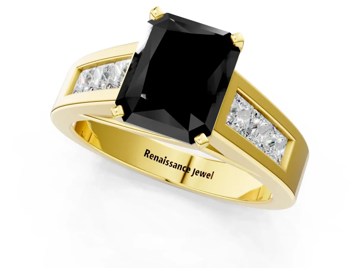 Fancy Black Radiant Cut Cut Channel Set Solitaire Ring with Four-Prong Setting Yellow gold