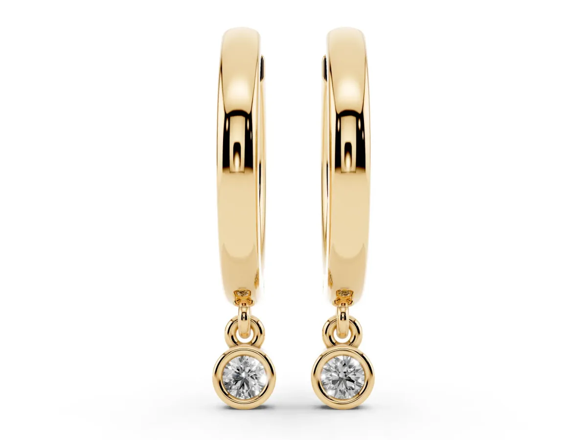 Round Diamond Bezel Drop Huggie Hoop Earrings Yellow gold