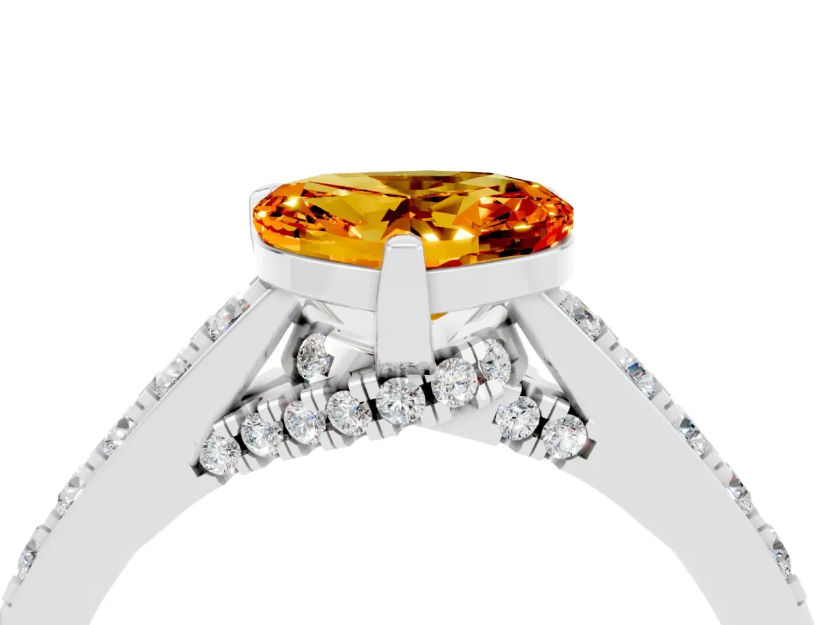 Heart Cut Citrine Solitaire Ring with Crossover Gallery and Round Pavé Band Silver