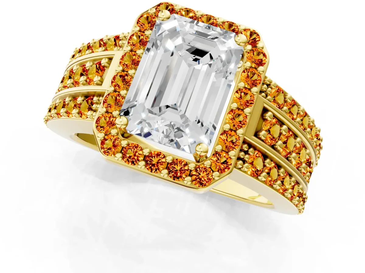 Emerald Cut Halo Diamond Ring with Round Citrine Split Shank and Prong Setting Yellow gold