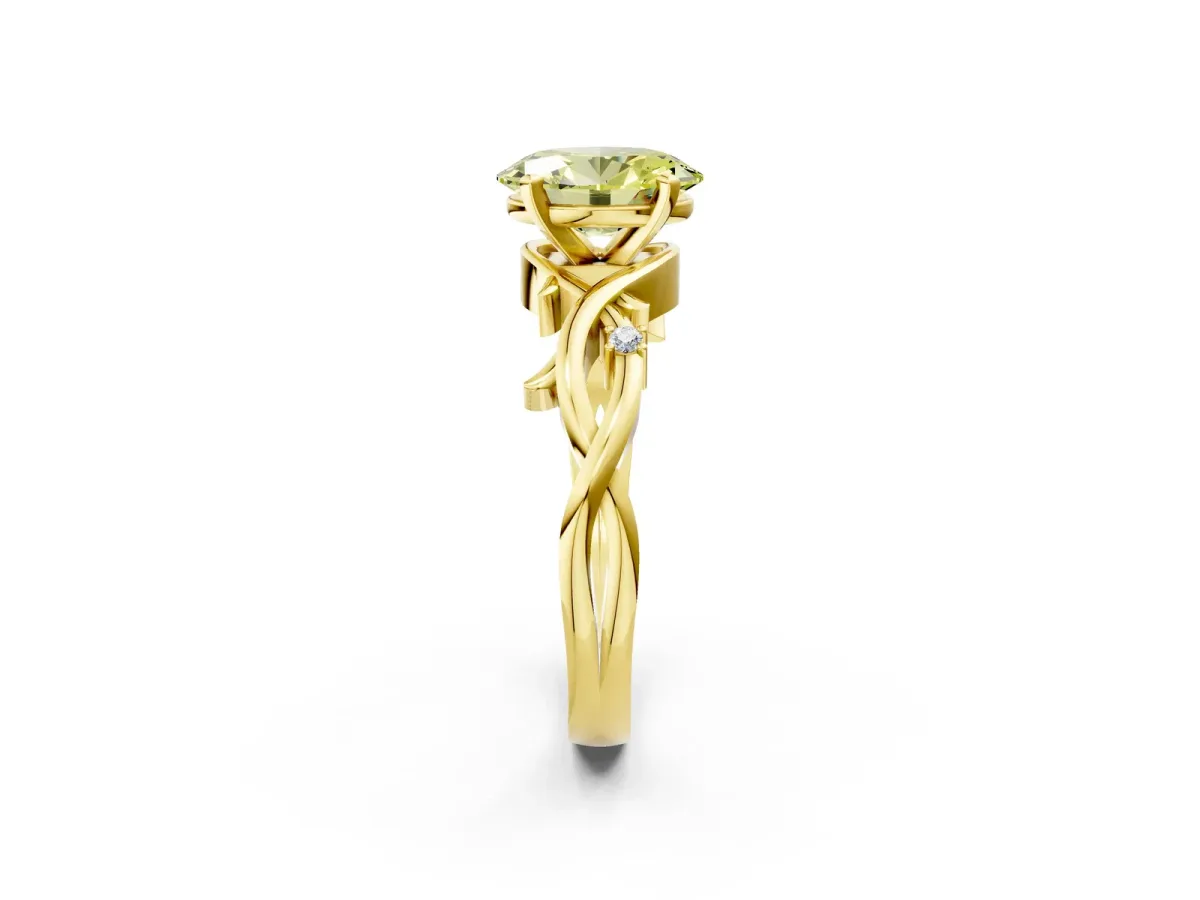 Fancy Yellow Oval Cut Diamond Solitaire Ring with Twisted Band and Prong Setting Yellow gold