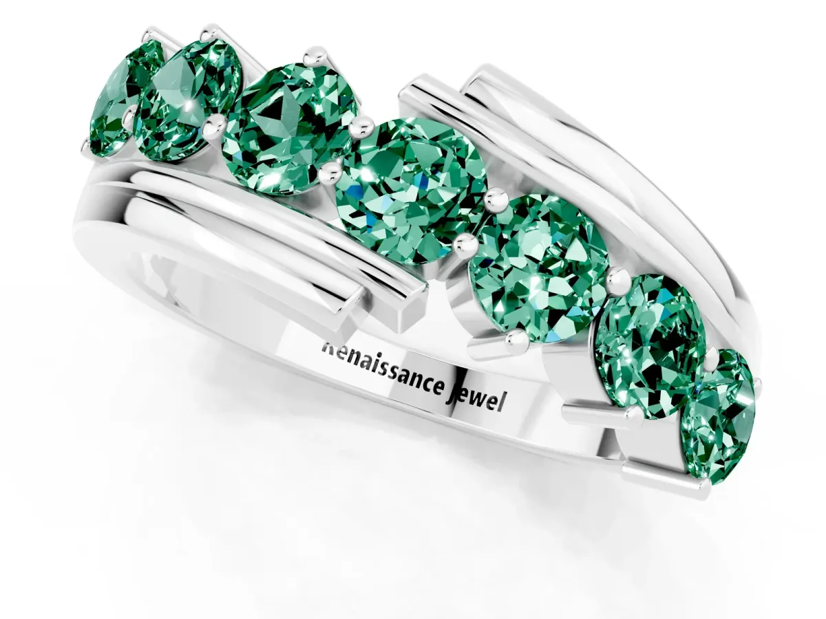 Round Green Sapphire Wave Band with Channel and Shared Prong Setting White gold