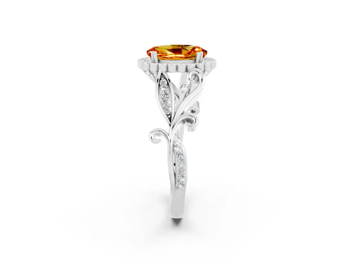 Oval Cut Citrine Halo Ring with Vintage Split Shank and Four-Prong Setting Silver