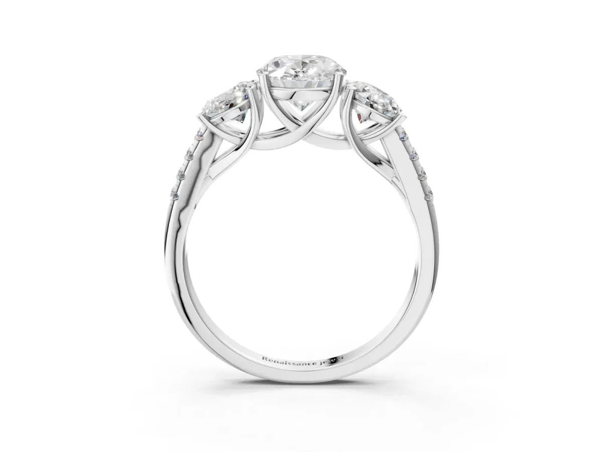 Three-Stone Oval Cut Diamond Ring with Round Moissanite Pavé Band and Prong Setting Silver