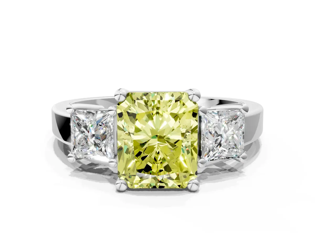 Fancy Yellow Three-Stone Radiant Cut Cut Solitaire Ring with Prong Setting Platinum