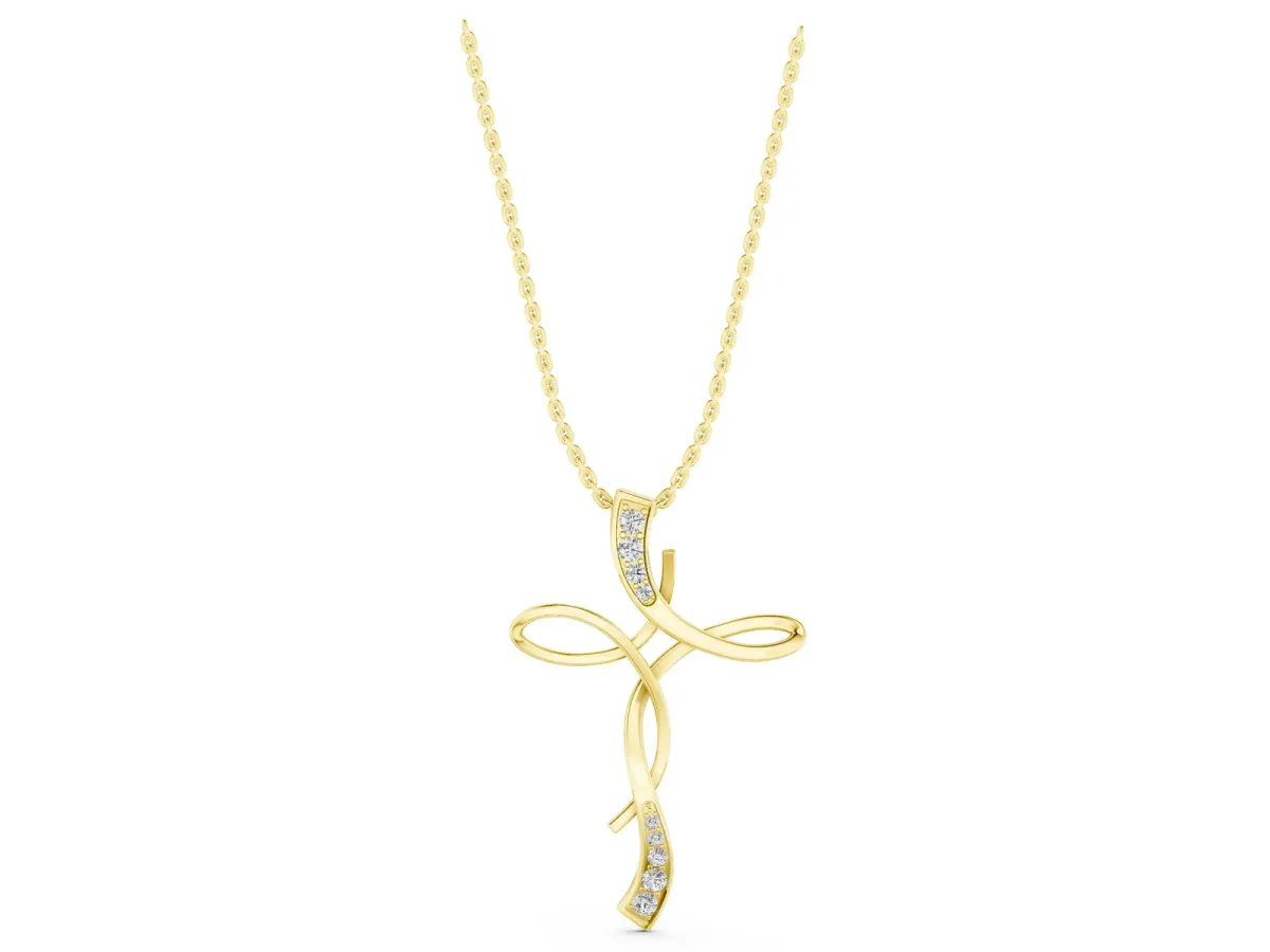 Pavé Round Diamond Twist Cross Pendant Yellow gold