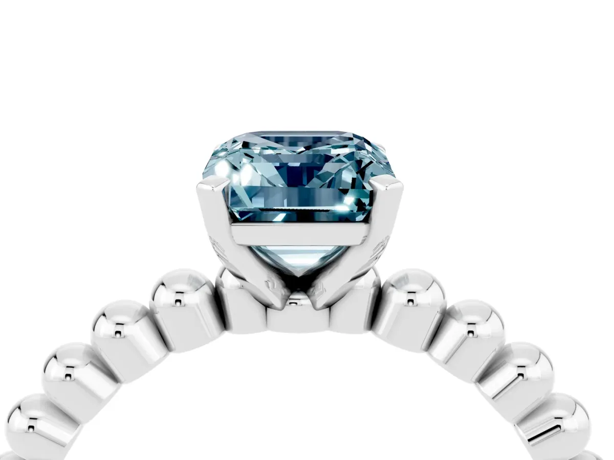 Emerald Cut Aquamarine Solitaire Ring with Beaded Band and Prong Setting Platinum