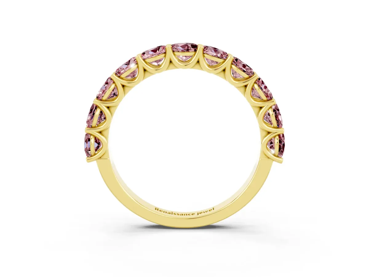Round Morganite Shared Prong Eternity Band Yellow gold