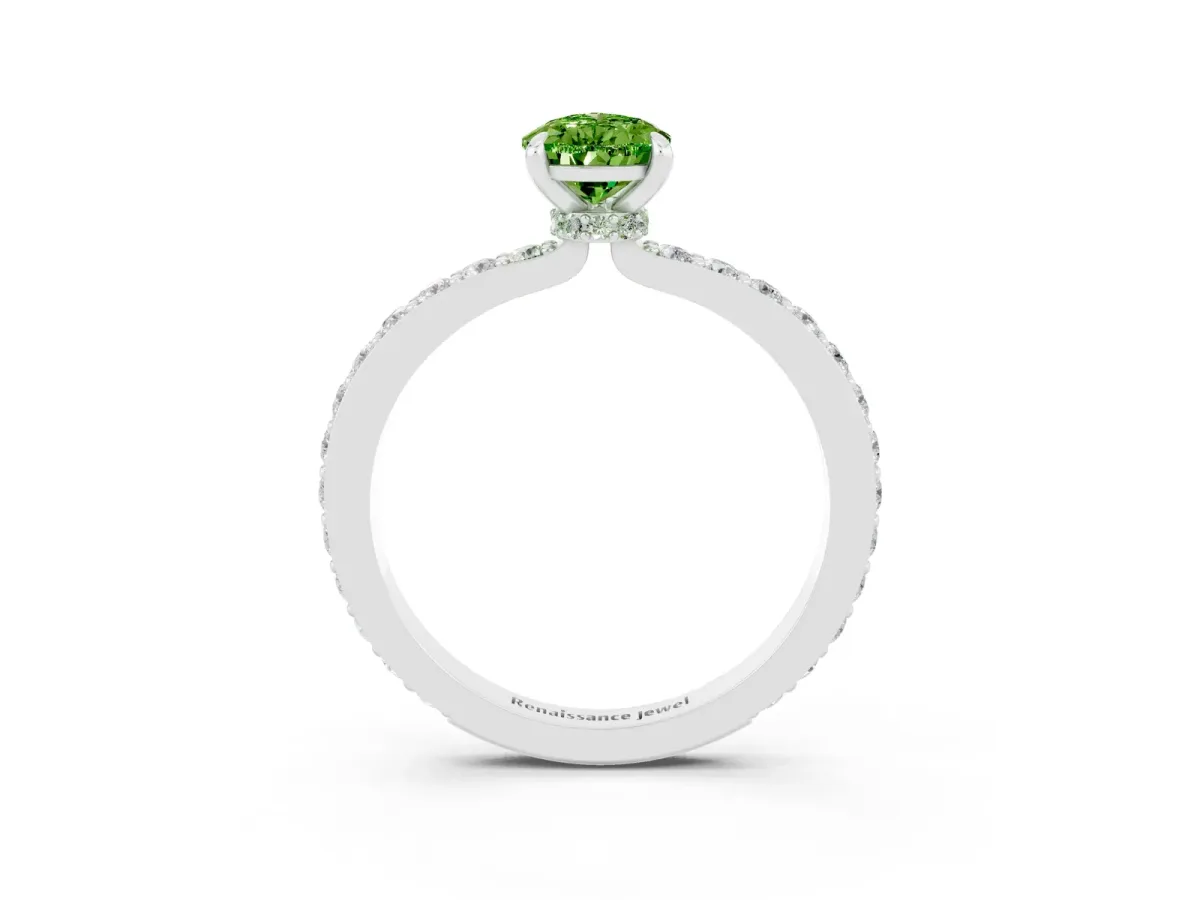 Pear Cut Peridot Solitaire Engagement Ring with Pavé Band and Four-Prong Setting Silver