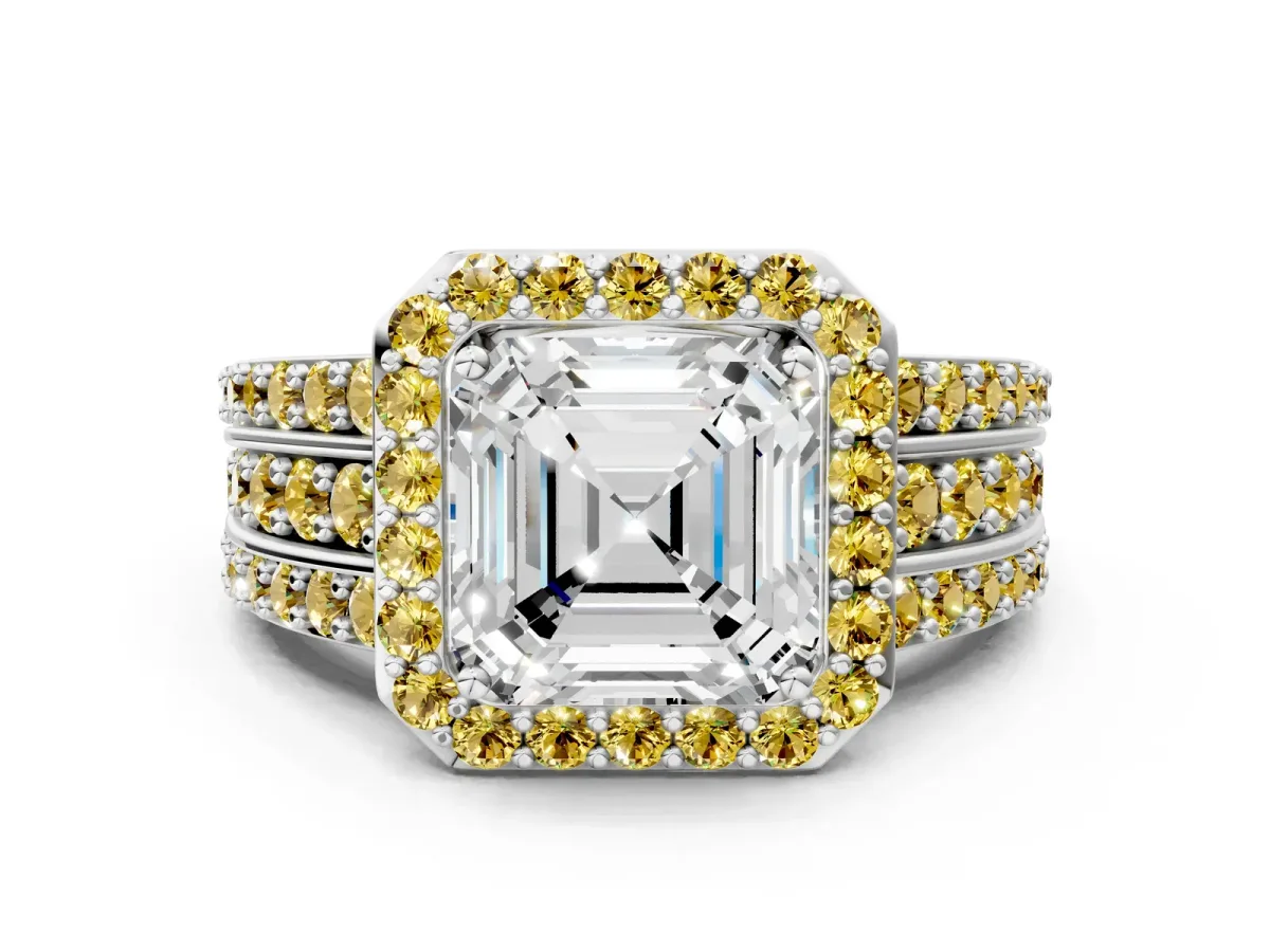 Asscher Cut Halo Diamond Ring with Round Yellow Sapphire Split Shank and Prong Setting Silver