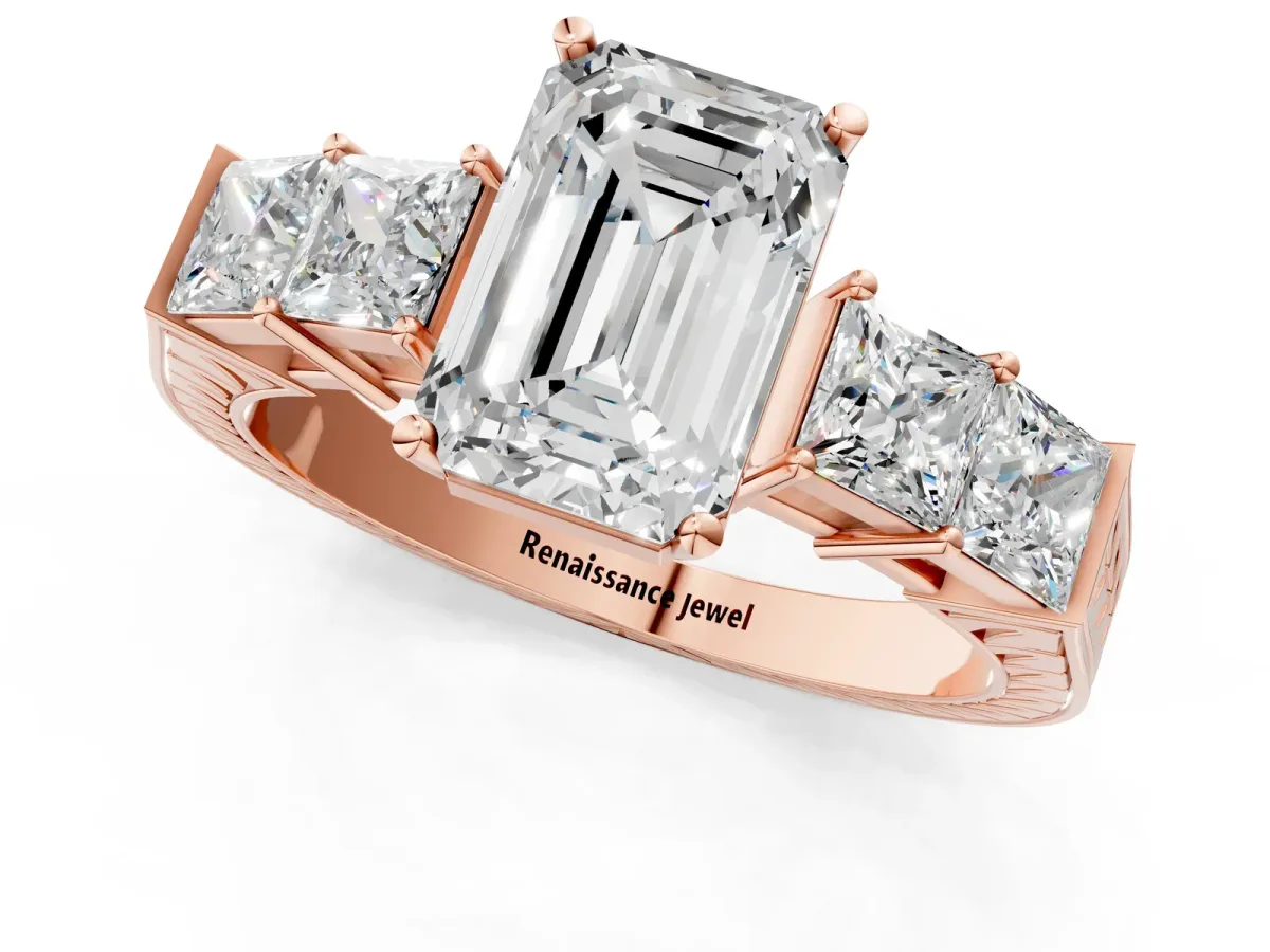 Emerald Cut Solitaire Princess Side Stone Engraved Band Prong Setting Ring Rose gold