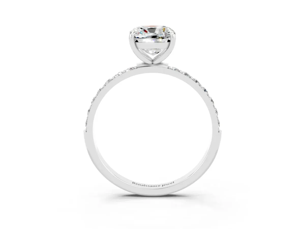 Cushion Cut Moissanite Solitaire Ring with Round Pavé Band and Prong Setting Silver