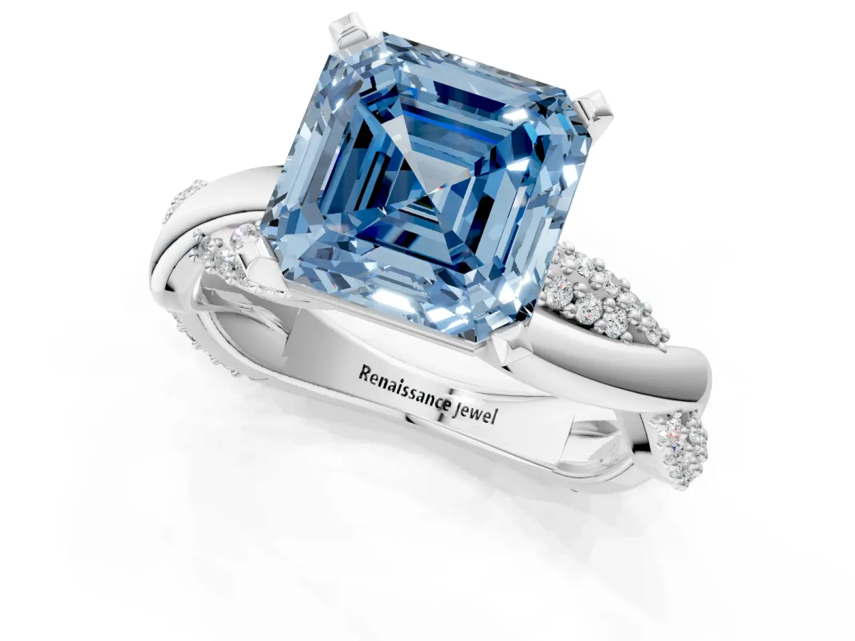 Fancy Blue Asscher Cut Solitaire Twist Band with Pave Prong Setting Platinum