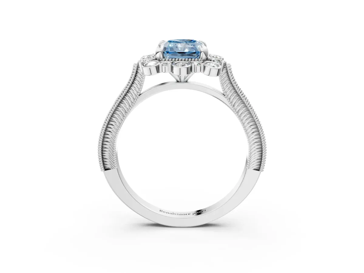 Fancy Blue Radiant Cut Halo Milgrain Pave Diamond Ring with Four-Prong Setting Platinum