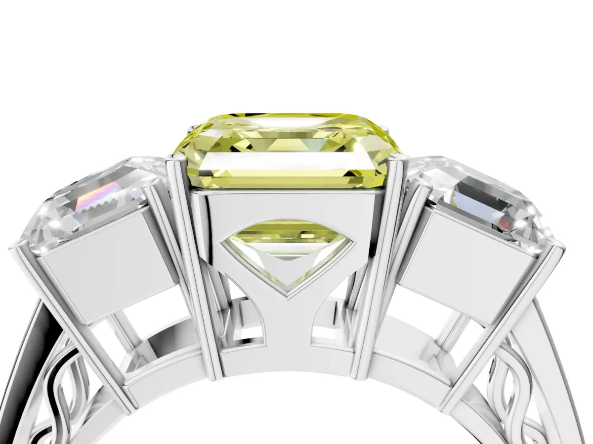 Fancy Yellow Asscher Cut Diamond Three-Stone Ring with Prong Setting and Textured Band Platinum