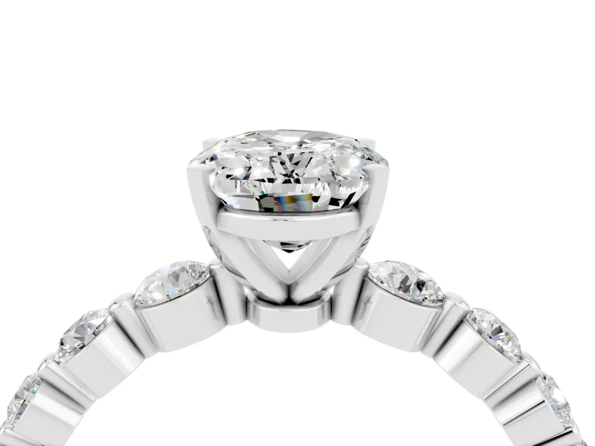 Oval Cut Solitaire Moissanite Ring with Pave Band and Four-Prong Setting Silver