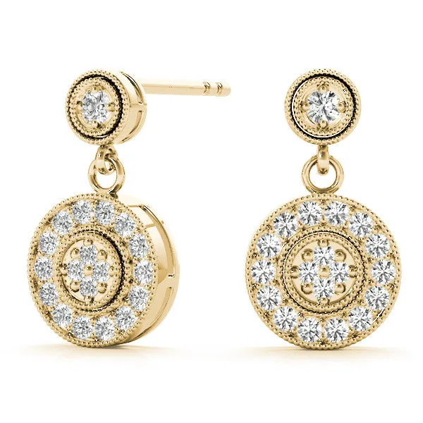 Round Halo Diamond Drop Earrings with Milgrain Bezel Setting Yellow gold