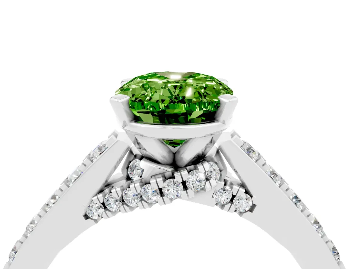 Oval Cut Peridot Solitaire Ring with Crossover Gallery and Round Pavé Band Platinum