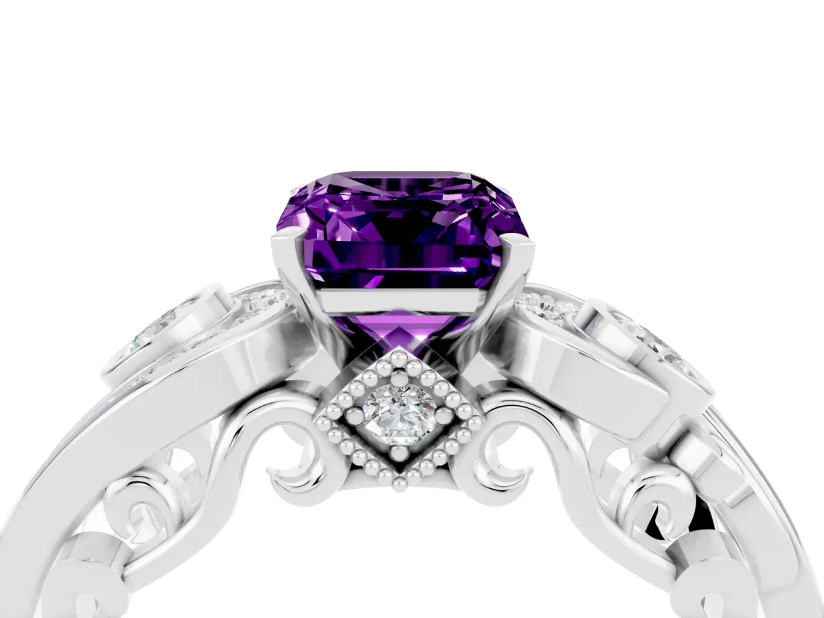 Emerald Cut Amethyst Solitaire Ring with Milgrain Pavé Band and Four-Prong Setting Silver