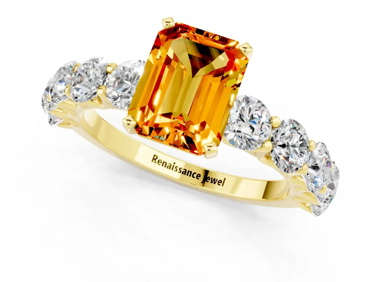 Emerald Cut Citrine Prong Setting with Side Stones on a Pave Band Yellow gold
