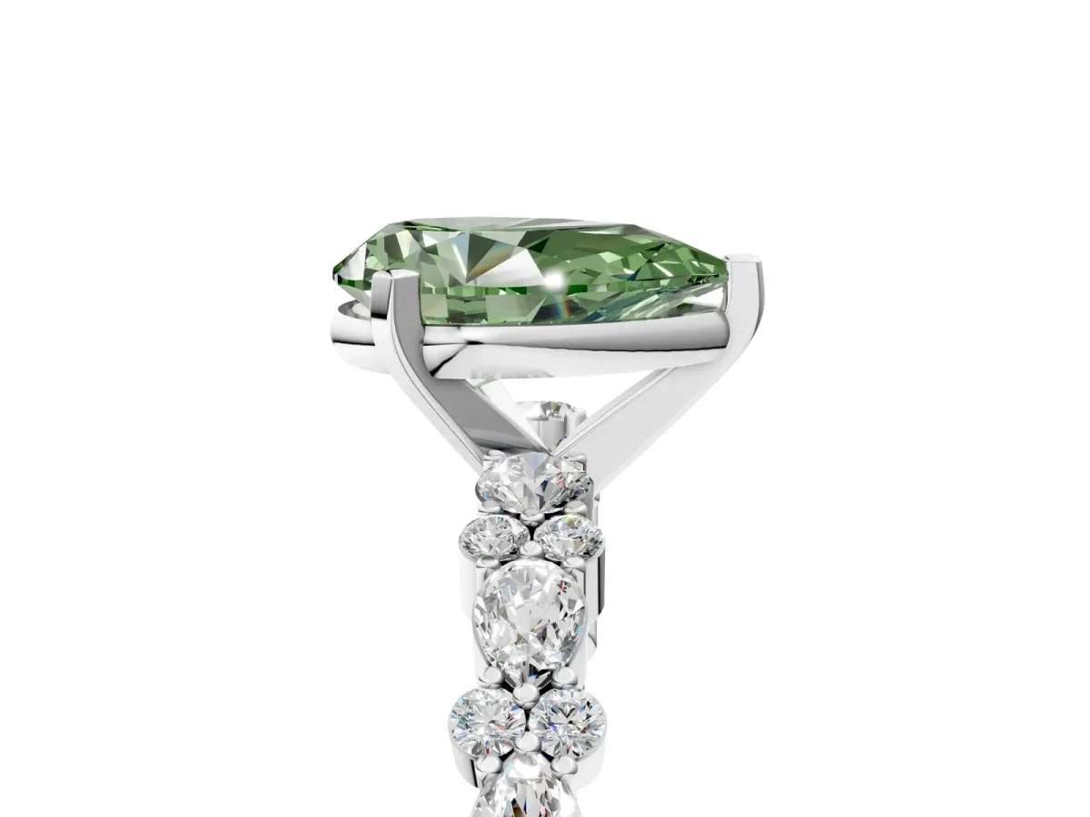 Fancy Green Pear Cut Diamond Side Stone Solitaire Ring with Round and Four-Prong Setting Platinum