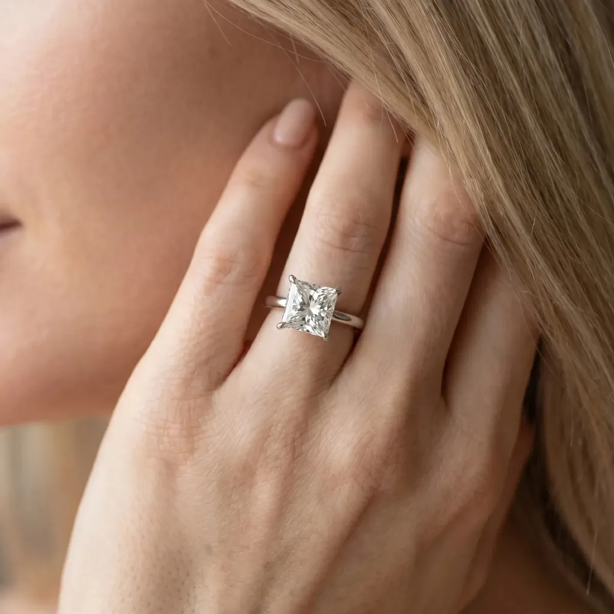 Princess Cut Diamond Solitaire Engagement Ring with Classic Band and Four-Prong Setting Silver