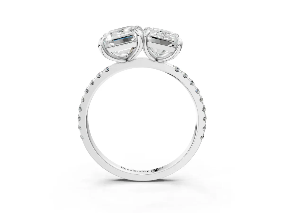 Emerald and Radiant Toi Moi Ring with Prong Setting and Micro Pave Band Silver