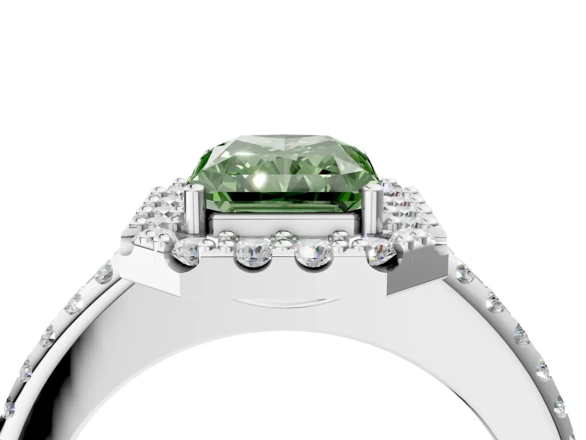 Fancy Green Radiant Cut Diamond Pavé Halo Ring with Four-Prong Setting Platinum