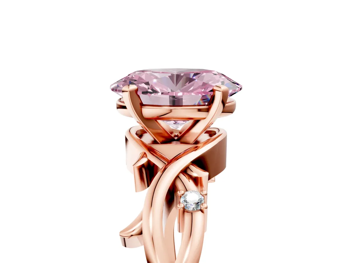 Fancy Pink Oval Cut Diamond Solitaire Ring with Twisted Band and Prong Setting Rose gold
