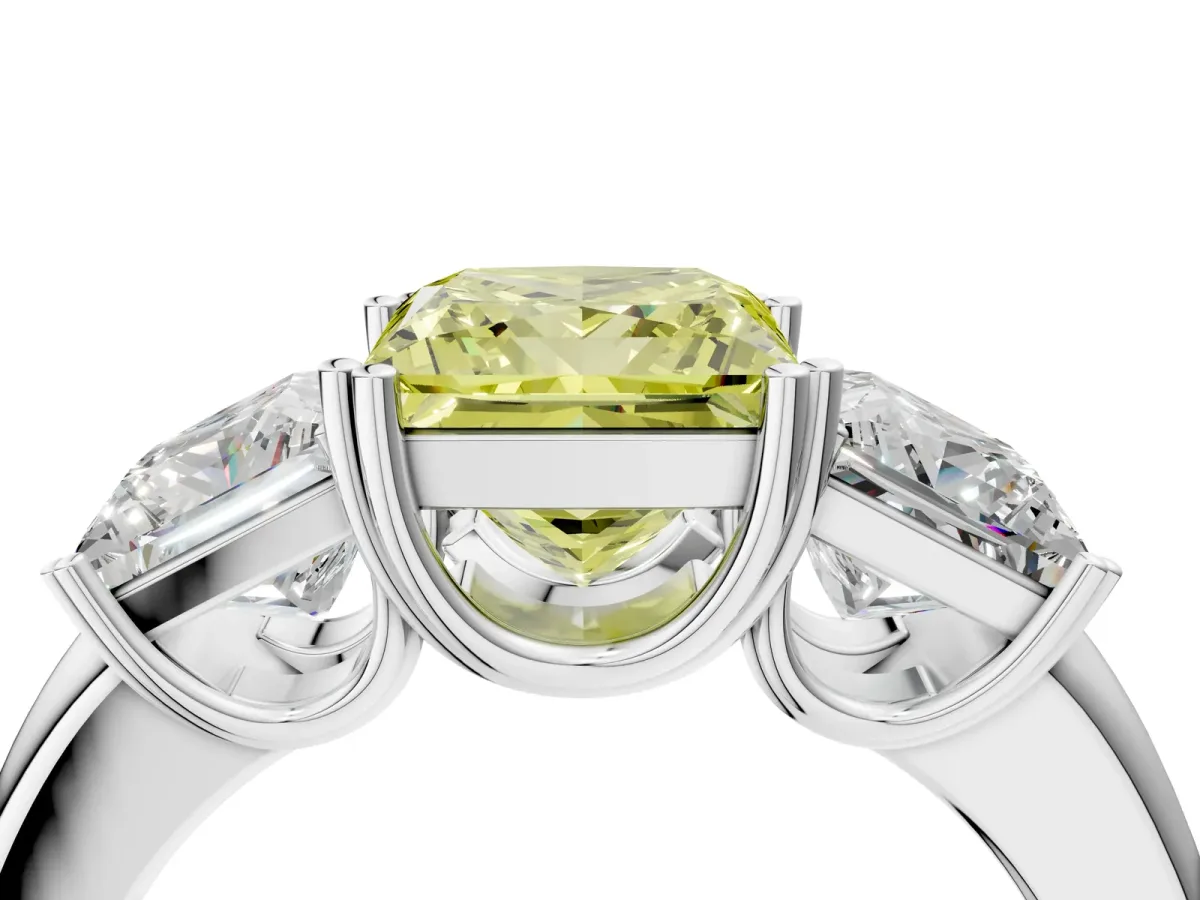 Fancy Yellow Three-Stone Princess Cut Cut Diamond Ring with Channel Set Band and Four-Prong Setting Silver