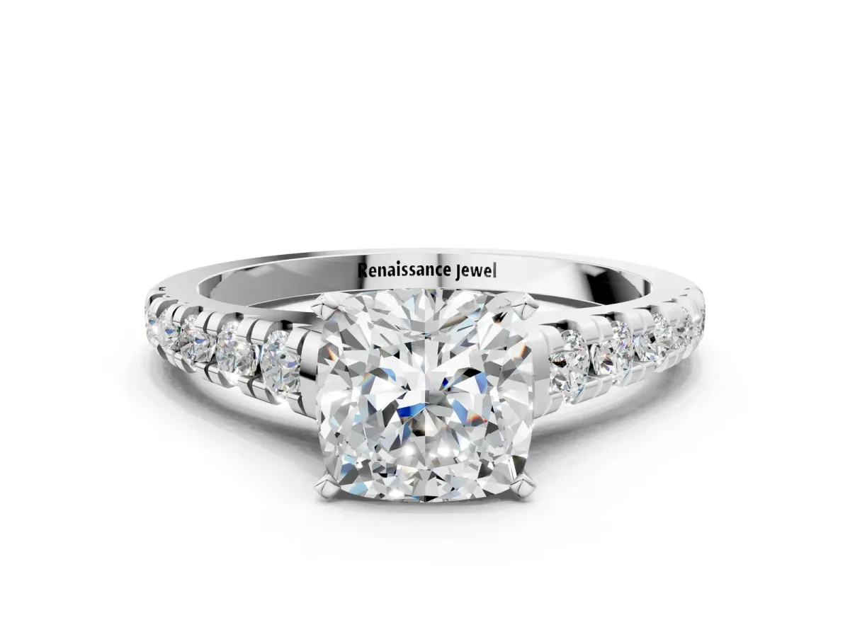 Cushion Cut Diamond Cathedral Solitaire Ring with Round Moissanite Pavé Band Silver
