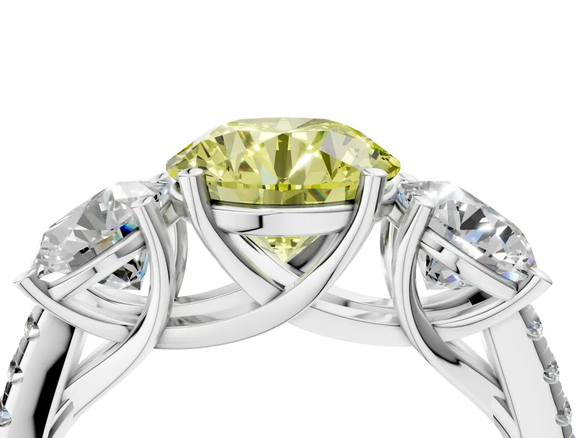 Fancy Yellow Three-Stone Round Cut Diamond Ring with Round Pavé Band and Prong Setting Silver
