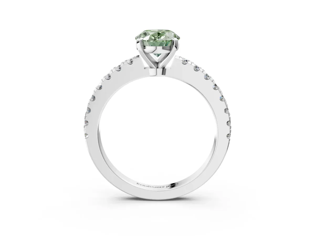 Fancy Green Oval Cut Solitaire Diamond with Pavé Band and Four-Prong Setting Silver