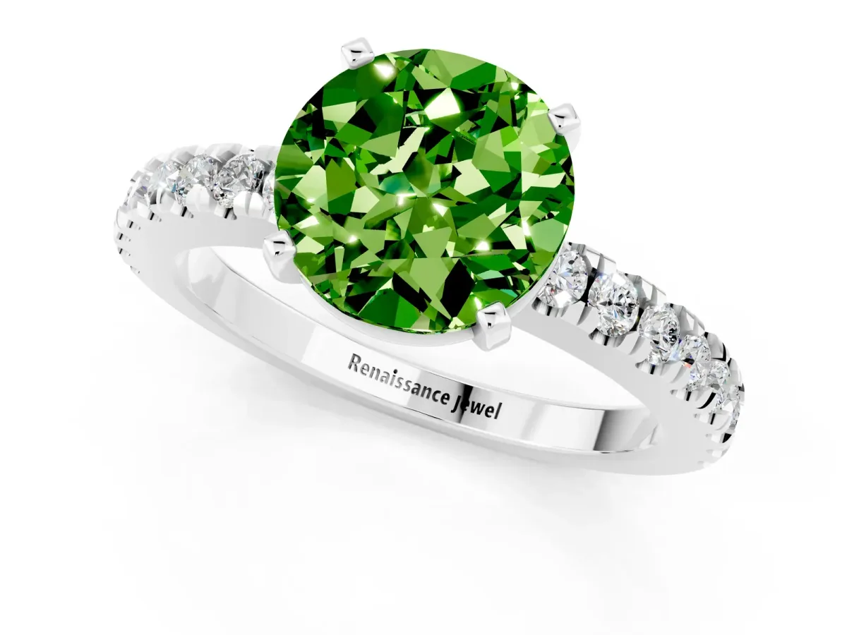 Round Cut Solitaire Peridot with Pavé Band and Four-Prong Setting Platinum