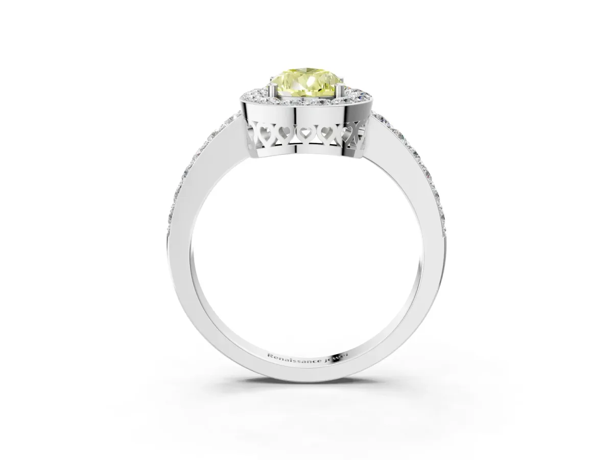 Fancy Yellow Pear Cut Halo Diamond Pavé Band Ring with Prong Setting Platinum