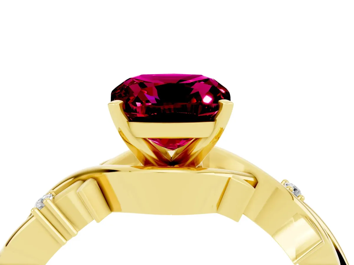 Cushion Cut Garnet Solitaire Ring with Twisted Band and Prong Setting Yellow gold