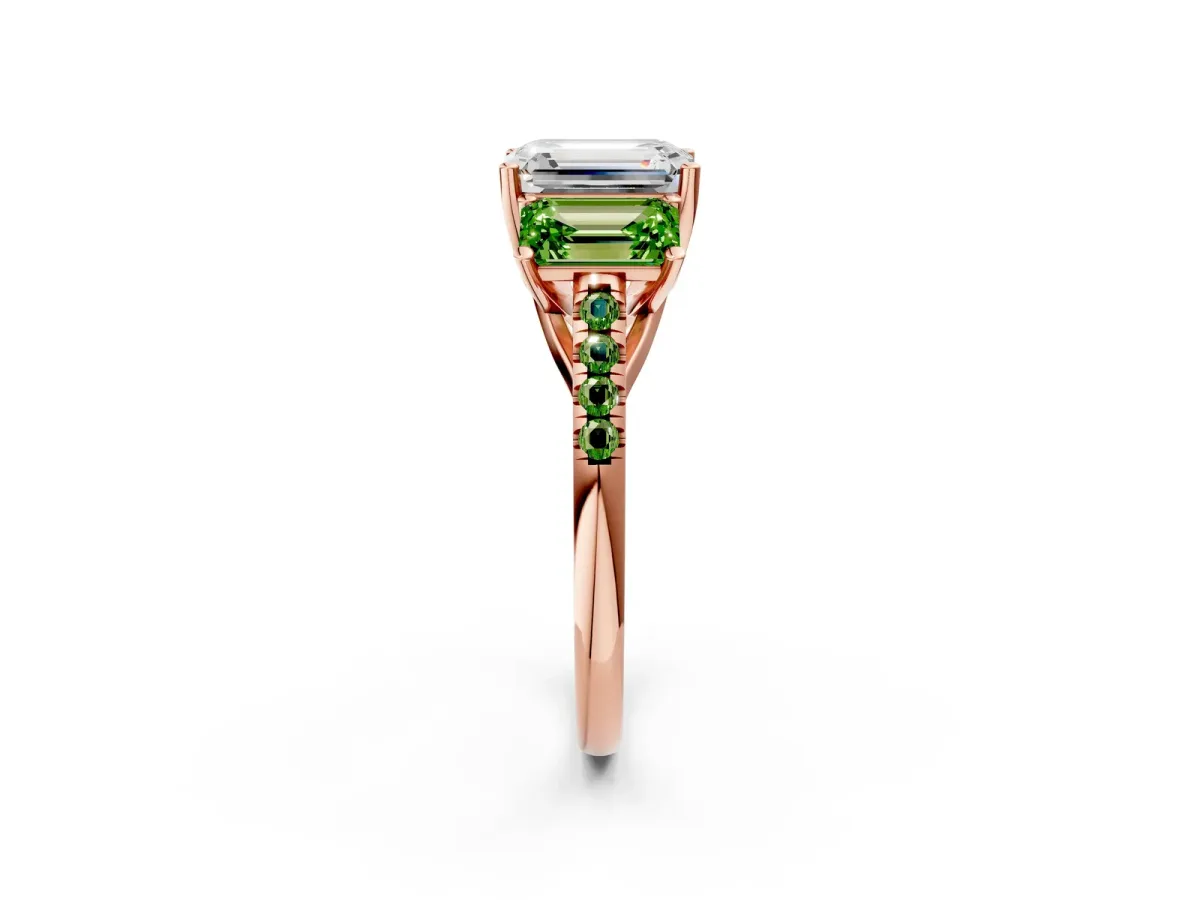 Three-Stone Emerald Cut Diamond Ring with Round Peridot Pavé Band and Prong Setting Rose gold