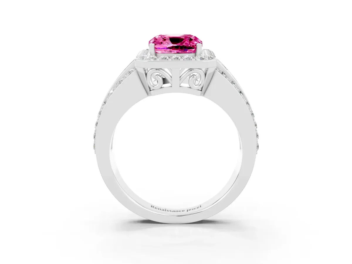 Cushion Cut Halo Pink Sapphire Ring with Round Split Shank and Prong Setting Platinum