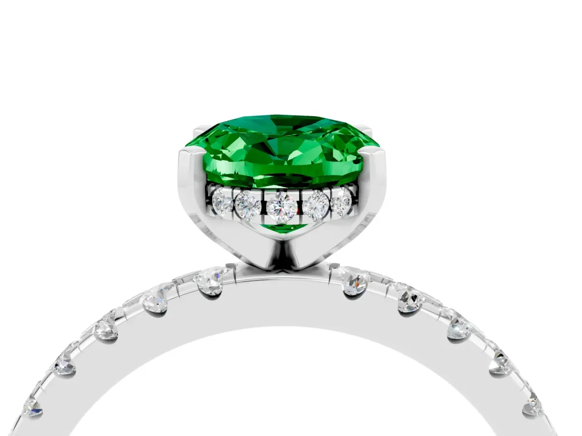 Oval Cut Emerald Solitaire Ring with Round Pavé Band and Four-Prong Setting Platinum