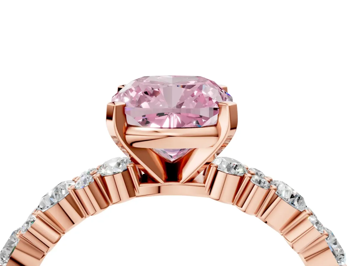 Fancy Pink Cushion Cut Diamond Side Stone Solitaire Ring with Round and Four-Prong Setting Rose gold