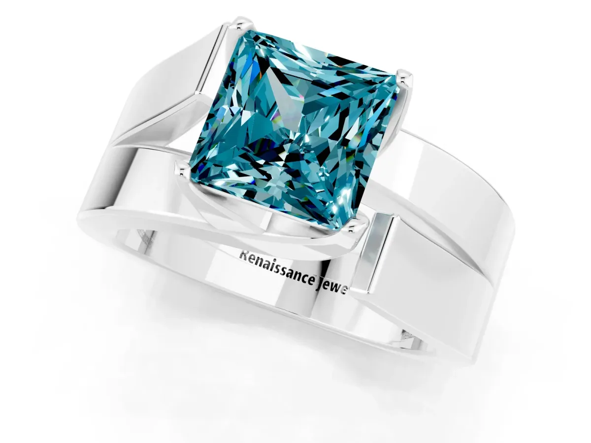 Modern Tension Set Princess Cut Blue Topaz Solitaire Wide Band Ring Silver