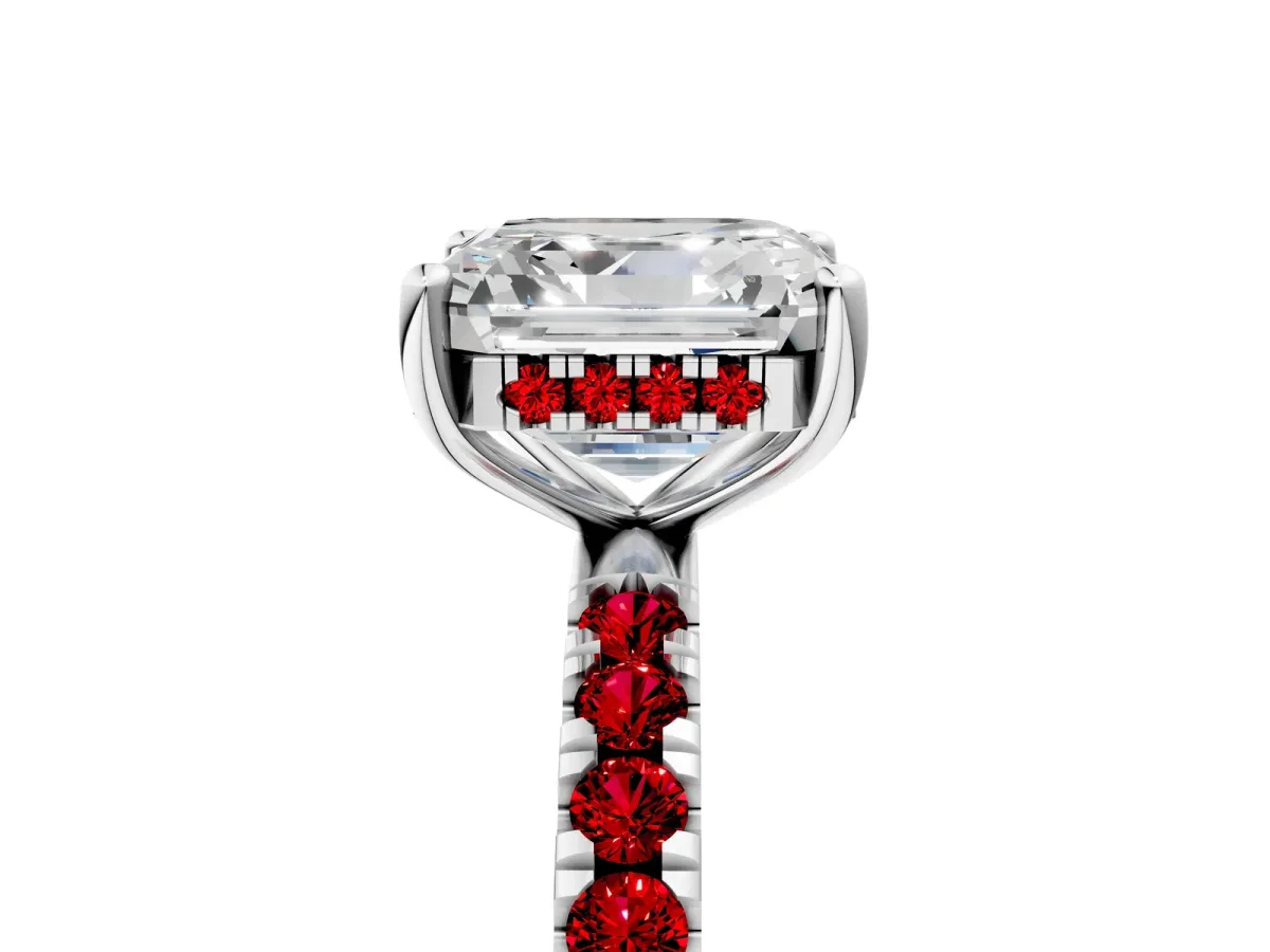Asscher Cut Diamond Pave Band Solitaire Ring with Round Ruby and Prong Setting Platinum